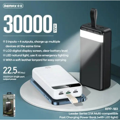 REMAX Leader Series 22.5W Multi-compatible Fast Charging Power Bank (with LED light) 30000mah RPP-183 Black
